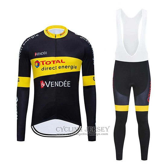 2019 Cycling Jersey Direct Energie Black Yellow Long Sleeve And Bib Tight